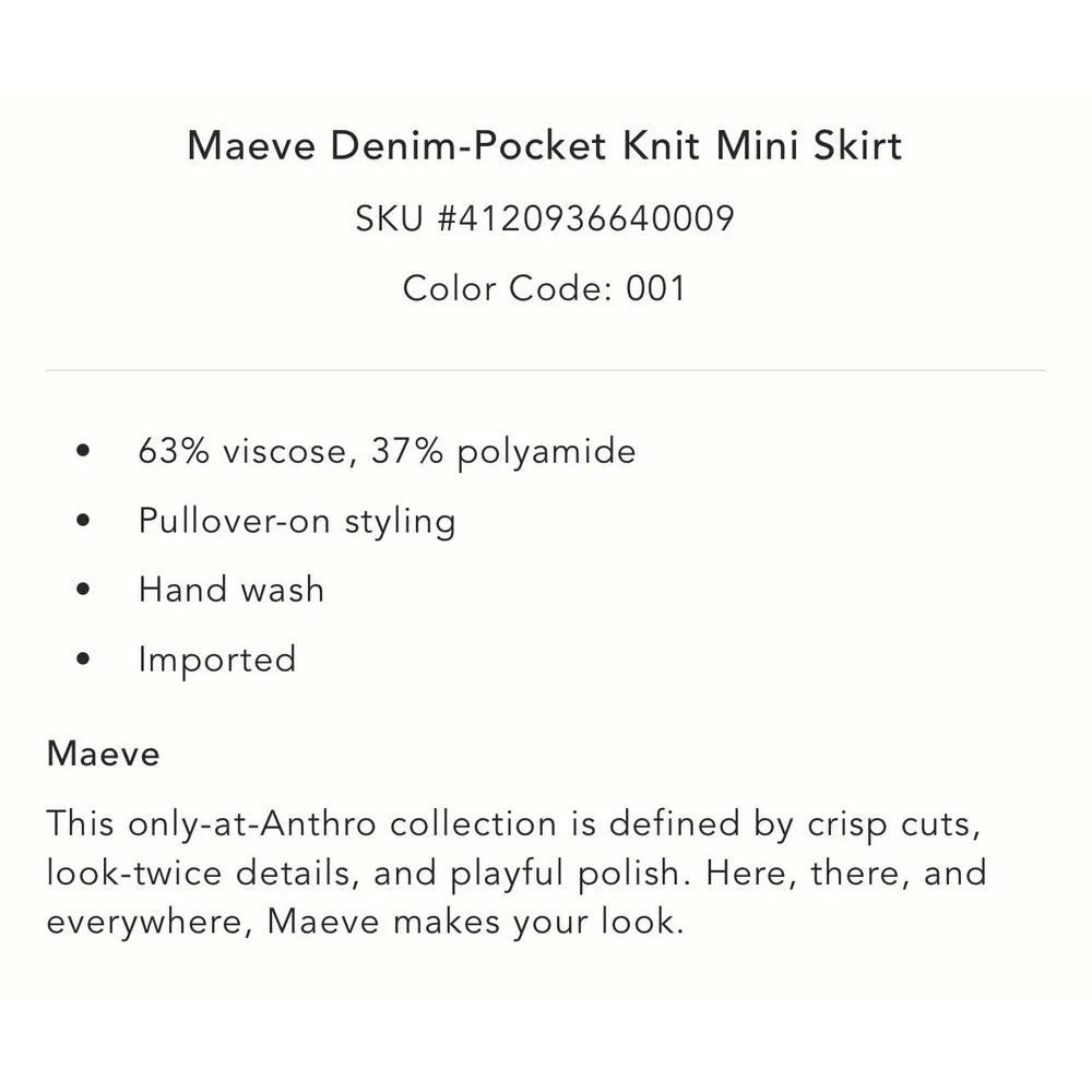 ANTHROPOLOGIE MAEVE Women's New SMALL Denim Pocket Knit Mini Skirt Black 4120